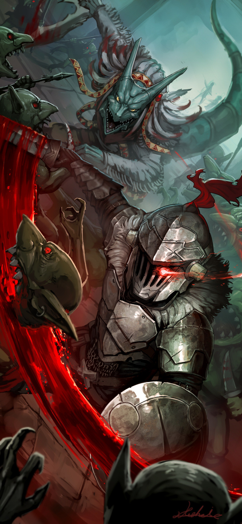 2boys absurdres armor battle blood bloody_weapon breastplate commentary_request dagger death dutch_angle full_armor glowing glowing_eye goblin goblin_slayer goblin_slayer! green_skin head_feathers headdress helmet high_elf_archer_(goblin_slayer!) highres horns lizard_priest(goblin_slayer) lizardman male_focus monster multiple_boys nekoemonn priestess_(goblin_slayer!) red_eyes sharp_teeth shield short_sword slit_pupils surrounded sword tail teeth vambraces weapon yellow_eyes