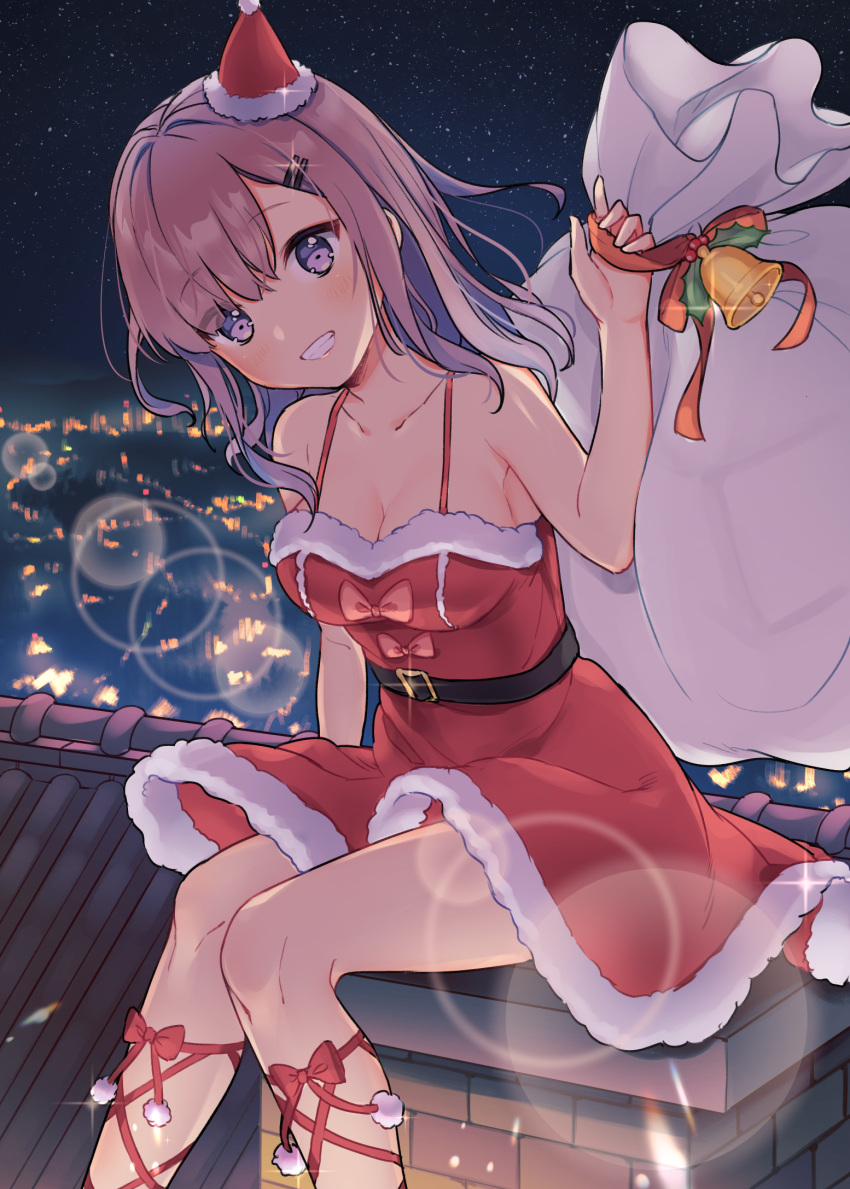 1girl :d armpit_peek bangs bare_arms bare_shoulders bell belt blush breasts chimney christmas city city_lights cityscape cleavage collarbone commentary cona_kinaco dress eyebrows_visible_through_hair feet_out_of_frame fur_trim glint grin hair_ornament hairclip hand_up hat head_tilt highres holding holding_sack leg_ribbon lens_flare long_hair looking_at_viewer medium_breasts mini_hat night night_sky open_mouth original outdoors pink_hair red_dress red_hat red_ribbon ribbon sack santa_hat sidelocks sitting sky skyline sleeveless sleeveless_dress smile solo spaghetti_strap star_(sky) starry_sky tareme teeth tile_roof violet_eyes
