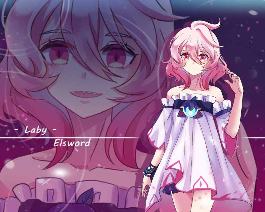1girl ahoge bare_shoulders character_name closed_mouth copyright_name cowboy_shot detached_sleeves dress elsword gradient_hair laby_(elsword) looking_at_viewer messy_hair multicolored_hair nga_(artist) open_mouth pink_eyes pink_hair purple_background sharp_teeth short_hair smile solo standing teeth white_dress white_hair white_sleeves zoom_layer
