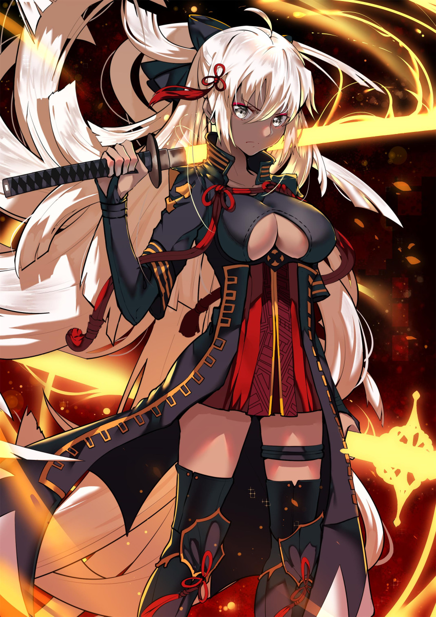 absurdres ahoge black_bow boots bow breasts collarbone dark_skin dual_wielding energy energy_sword engry fate/grand_order fate_(series) grey_eyes hair_bow highres holding katana long_hair looking_at-viewer looking_at_viewer lucky_(1045044604) okita_souji_(alter)_(fate) okita_souji_(fate)_(all) over_shoulder standing sword thigh-highs thigh_boots thigh_strap under_boob underboob_cutout very_long_hair weapon weapon_over_shoulder wind