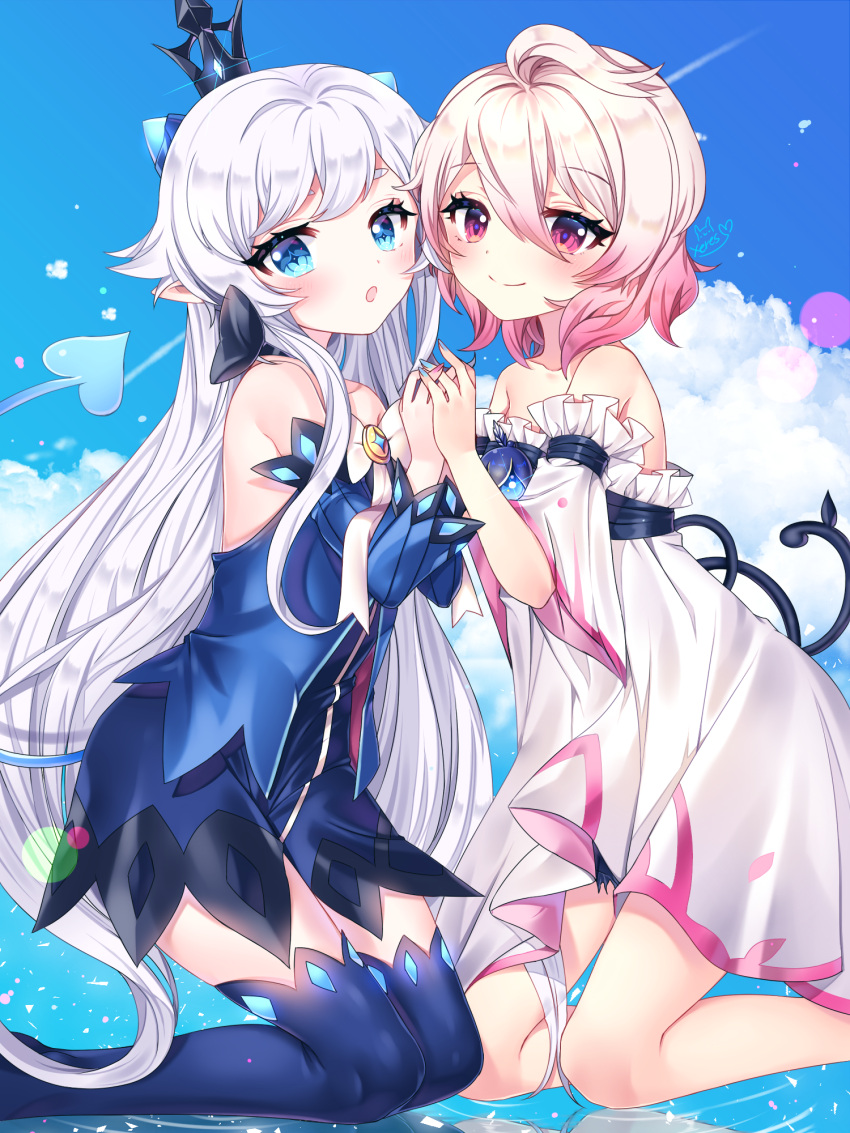 2girls ahoge bare_legs bare_shoulders black_bow blue_background blue_dress blue_eyes blue_legwear blue_sleeves bow bowtie brooch clouds cropped_legs crown demon_power_(elsword) detached_sleeves dress elsword highres jewelry kneeling laby_(elsword) long_hair looking_at_viewer luciela_r._sourcream mini_crown multiple_girls pink_eyes pink_hair short_hair sky smile symmetry tail thigh-highs white_bow white_dress white_hair white_sleeves xes_(xes_5377) zettai_ryouiki