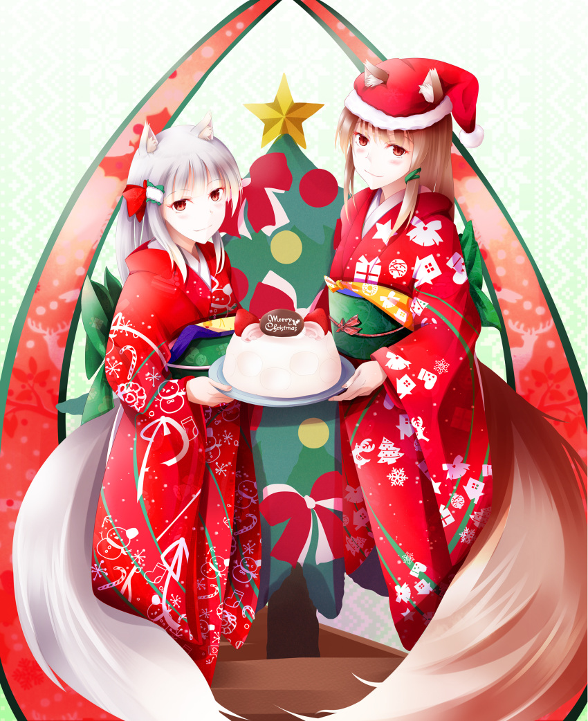 2girls absurdres animal_ears bangs blush bow brown_hair cake christmas christmas_cake christmas_tree commentary_request ears_through_headwear english_text eyebrows_visible_through_hair female food fudo_shin green_bow hair_bow hair_ornament hairclip hat highres holding holding_cake holding_food holding_plate holo japanese_clothes kimono long_hair looking_at_viewer mother_and_daughter multiple_girls myuri_(spice_and_wolf) obi plate print_kimono red_bow red_eyes red_hat red_kimono santa_hat sash shinsetsu_spice_and_wolf silver_hair smile snowflake_print snowman_print spice_and_wolf standing tail text_focus wolf_ears wolf_girl wolf_tail yukata