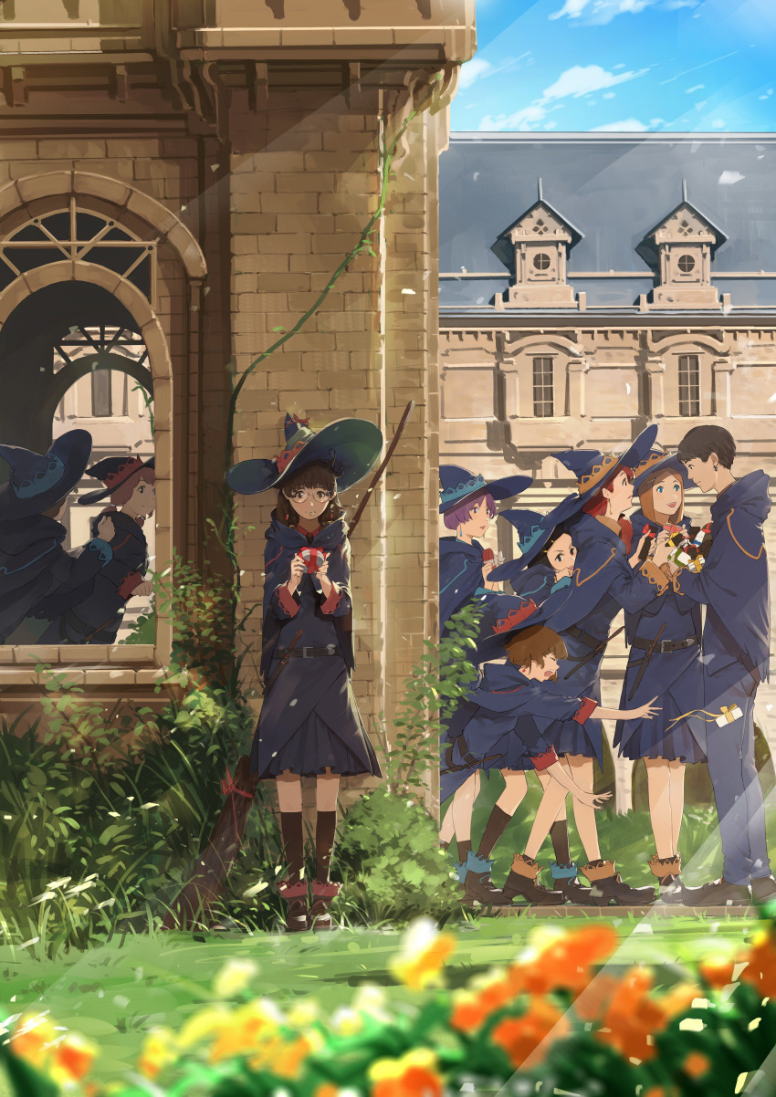 1boy 6+girls absurdres blurry blurry_foreground boots box broom brown_hair building cape commentary_request day depth_of_field falling flower gift gift_box glasses grass hat highres multiple_girls nervous original outdoors school somehira_katsu standing valentine witch witch_hat