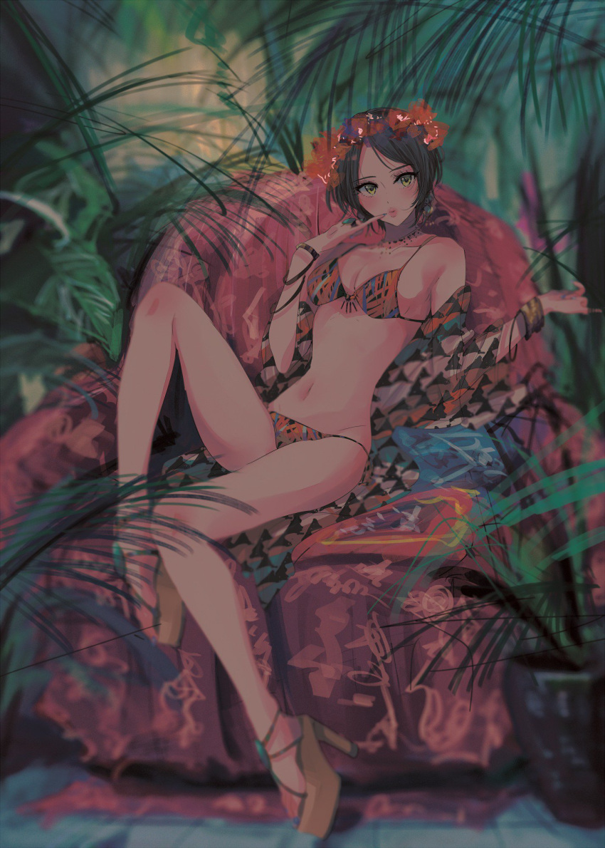 1girl bikini black_hair bracelet breasts cleavage commentary english_commentary fern finger_to_mouth flower green_eyes hayami_kanade head_wreath high_heels highres idolmaster idolmaster_cinderella_girls jacket jewelry knee_up lipstick makeup medium_breasts najuco_(naju0517) navel necklace orange_bikini plant platform_footwear potted_plant puckered_lips red_flower ring sandals short_hair sitting solo swimsuit