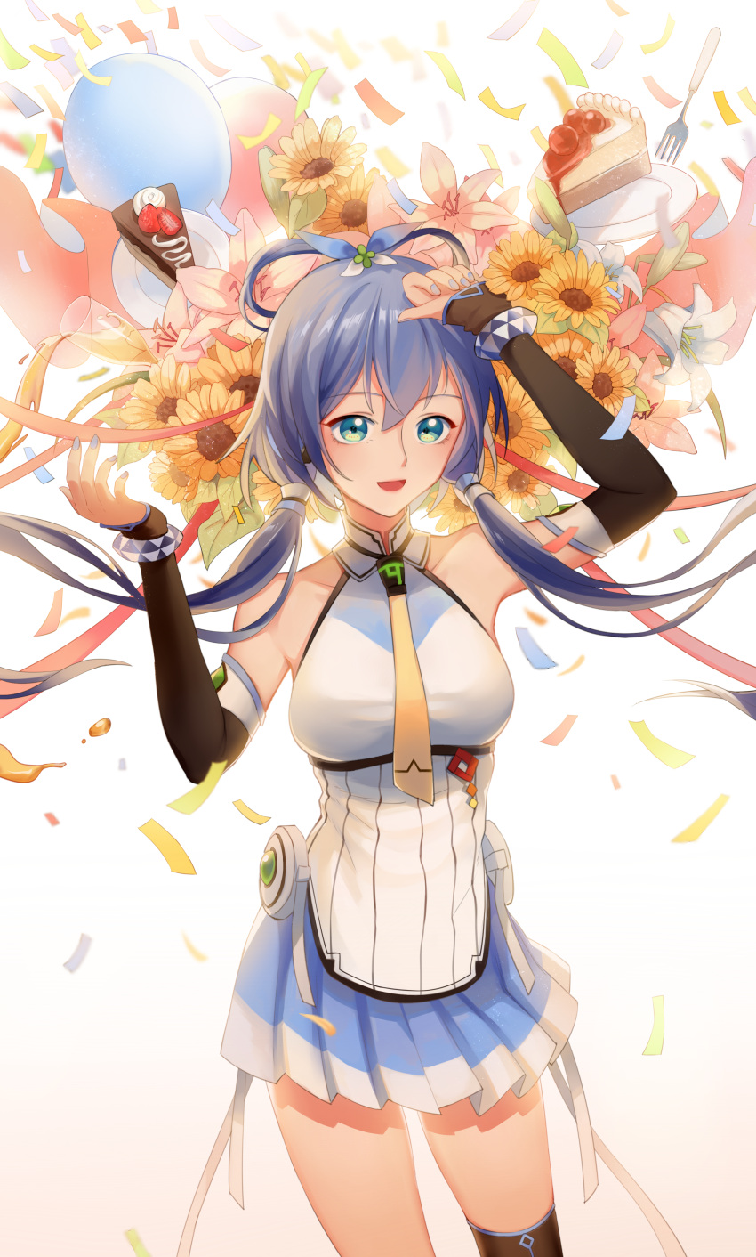 1girl :d absurdres balloon black_legwear black_sleeves blue_hair blue_nails blue_skirt breasts cake cowboy_shot detached_sleeves eyebrows_visible_through_hair floating_hair flower food green_eyes hair_between_eyes hair_tubes highres long_hair long_sleeves luo_tianyi medium_breasts miniskirt nail_polish necktie open_mouth pleated_skirt red_ribbon ribbon shiny shiny_hair shirt skirt sleeveless sleeveless_shirt smile solo standing sunflower thigh-highs twintails very_long_hair vocaloid vocanese white_ribbon white_shirt yarden yellow_flower yellow_neckwear