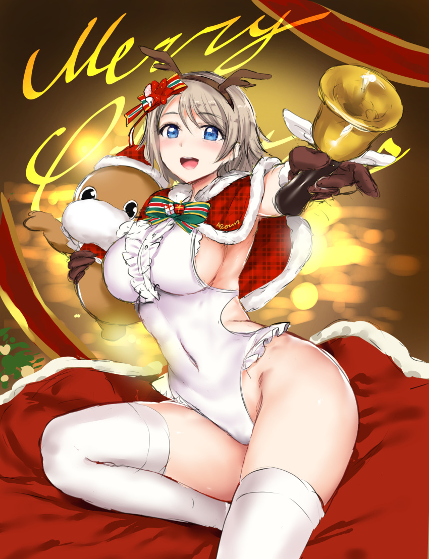 1girl :d antlers bell blue_eyes breasts brown_gloves brown_hair capelet center_frills christmas commentary_request covered_navel eyebrows_visible_through_hair fake_horns frilled_leotard frills fur-trimmed_capelet fur-trimmed_hat fur_trim gloves hair_ornament hat highleg highleg_leotard highres holding holding_stuffed_animal kamishiro_ryuu large_breasts leotard looking_at_viewer love_live! love_live!_sunshine!! merry_christmas open_mouth red_capelet red_hat reindeer_antlers round_teeth short_hair sideboob sitting smile stuffed_animal stuffed_toy tareme teeth thigh-highs uchicchii upper_teeth watanabe_you white_legwear white_leotard