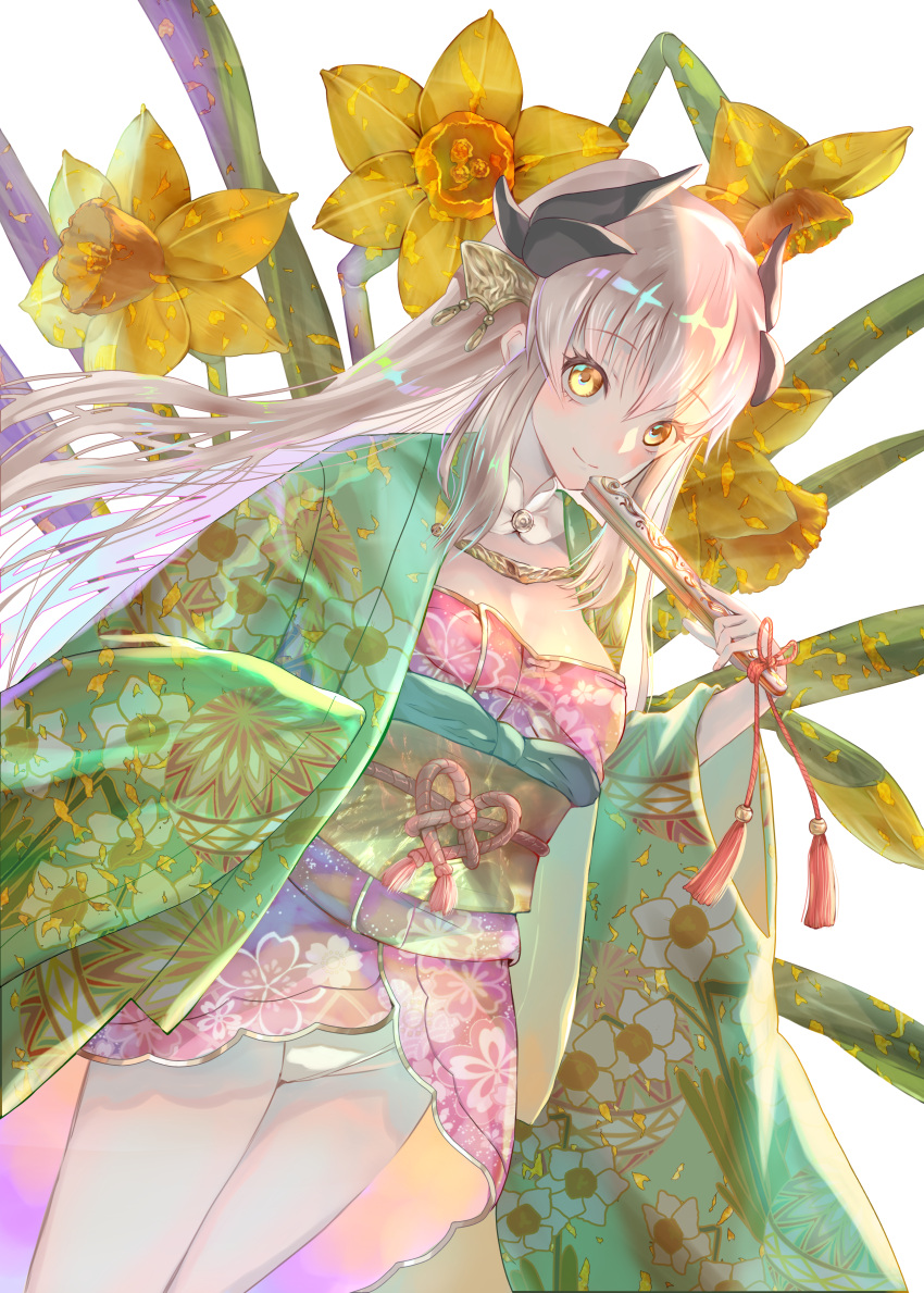 1girl absurdres black_horns blush breasts cleavage commentary_request dragon_horns dutch_angle fan fate/grand_order fate_(series) floral_print flower folding_fan graphite_(medium) green_robe highres holding holding_fan horns japanese_clothes kimono kiyohime_(fate/grand_order) long_hair looking_at_viewer mechanical_pencil medium_breasts natsujiru panties pencil pink_hair short_kimono smile solo traditional_media underwear white_background white_panties yellow_eyes