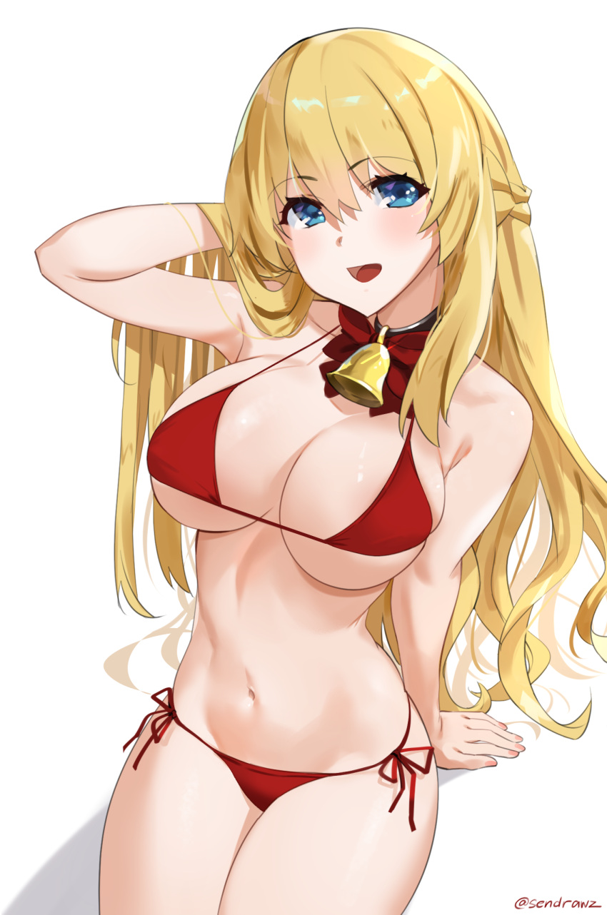 1girl :d arm_at_side arm_support arm_up bangs bell bell_choker bikini blonde_hair blue_eyes braid breasts choker cleavage commentary cowboy_shot english_commentary eyebrows_visible_through_hair french_braid glint hand_in_hair highres large_breasts legs_together long_hair looking_at_viewer navel neptune_(series) open_mouth red_bikini sendrawz side-tie_bikini sitting smile solo swimsuit vert