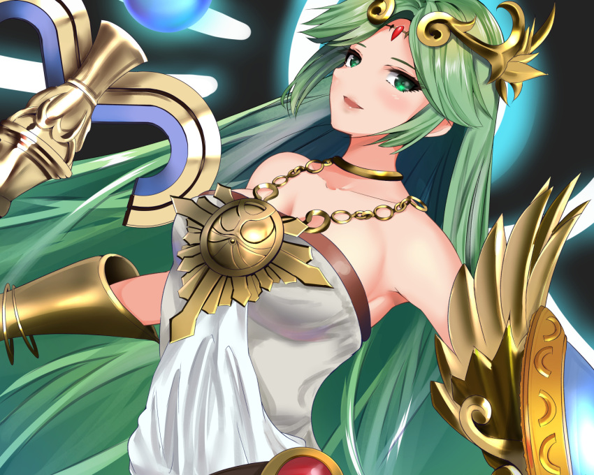 1girl :d blush chains collarbone commentary_request green_hair headdress highres jewelry kid_icarus long_hair looking_at_viewer necklace nintendo open_mouth palutena schreibe_shura shield smile solo staff super_smash_bros. super_smash_bros._ultimate upper_body vambraces very_long_hair