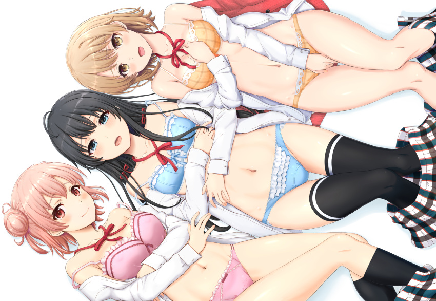+_+ 3girls ahoge arms_under_breasts bangs between_legs black_hair black_legwear blue_bra blue_eyes blue_panties blush bra breasts brown_eyes brown_hair closed_mouth clothes_removed collarbone commentary_request covered_nipples crossed_arms eyebrows_visible_through_hair frilled_bra frilled_panties frills hair_ribbon hand_between_legs hand_on_own_chest highres inanaki_shiki isshiki_iroha knees_together_feet_apart long_hair long_sleeves looking_at_viewer lying medium_breasts multiple_girls navel off_shoulder on_back open_clothes open_mouth open_shirt orange_bra orange_hair orange_panties panties plaid plaid_skirt red_eyes red_ribbon ribbon ribbon-trimmed_bra school_uniform shirt short_hair simple_background skirt skirt_removed small_breasts smile strap_slip thigh-highs thigh_gap unbuttoned underwear white_background white_shirt yahari_ore_no_seishun_lovecome_wa_machigatteiru. yuigahama_yui yukinoshita_yukino