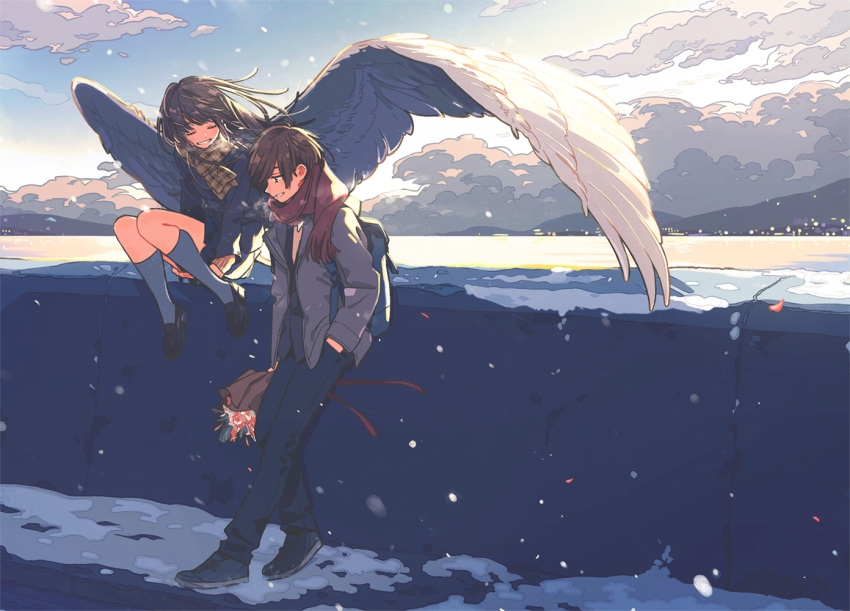 1boy 1girl angel_wings bouquet breath brown_hair clouds flower hand_in_pocket keishin kneehighs leaning long_hair original scarf short_hair sitting sky smile snowing wall wind wings