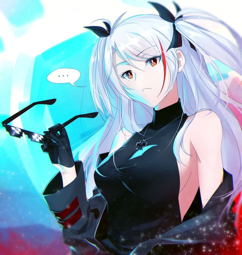 alternate_costume azur_lane bangs black_ribbon breasts deal_with_it eyebrows_visible_through_hair gloves halter_top halterneck highres holding iron_cross long_hair multicolored_hair off_shoulder prinz_eugen_(azur_lane) red_eyes redhead ribbon silver_hair solo streaked_hair sunglasses swept_bangs two_side_up