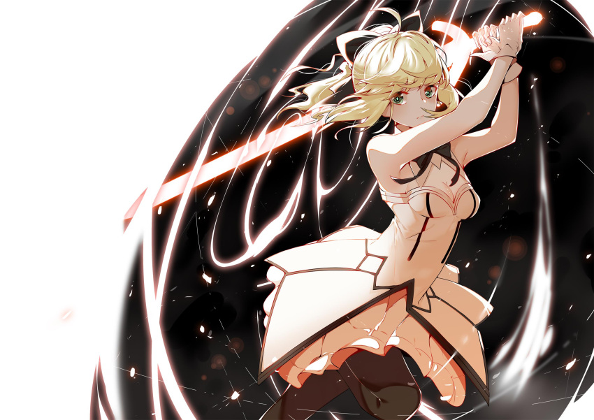 ahoge armpits artoria_pendragon_(all) attack bare_shoulders black_bow blonde_hair bow breasts cleavage energy fate/grand_order fate_(series) gloves green_eyes hair_bow highres long_hair looking_at_viewer lucky_(1045044604) pale_skin ponytail running saber_lily skindentation small_breasts sword thigh-highs weapon zettai_ryouiki