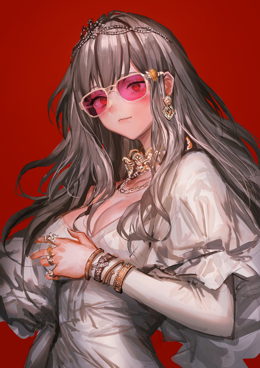 1girl absurdres bangle bracelet breasts brown_hair earrings highres jewelry lm7_(op-center) long_hair looking_at_viewer necklace original red_background ring simple_background solo sunglasses tiara upper_body