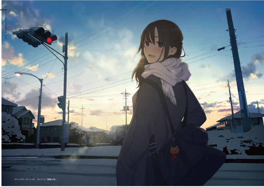 1girl bag bag_charm blue_sky blush breath brown_eyes brown_hair charm_(object) city clouds coat commentary_request hands_in_pockets highres house long_sleeves looking_at_viewer looking_back morifumi original outdoors power_lines scarf shoulder_bag sky snow solo standing telephone_pole traffic_light white_scarf winter