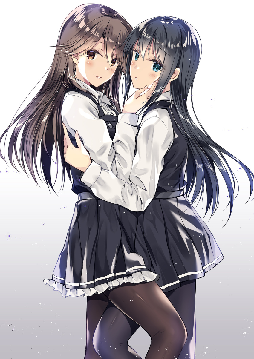 2girls arashio_(kantai_collection) asashio_(kantai_collection) black_dress black_hair black_legwear blue_eyes brown_eyes brown_hair commentary_request dress frilled_dress frills gradient gradient_background hand_on_another's_face highres kantai_collection kobayashi_chisato long_hair long_sleeves looking_at_viewer looking_to_the_side multiple_girls neck_ribbon pantyhose pinafore_dress remodel_(kantai_collection) ribbon school_uniform shirt simple_background skirt smile standing suspenders white_shirt yuri