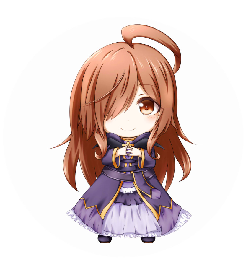 1girl ahoge blush brown_eyes brown_hair chibi dress eyebrows_visible_through_hair floating_hair frilled_dress frills full_body hair_over_one_eye hands_together highres kono_subarashii_sekai_ni_shukufuku_wo! kuena long_dress long_hair long_sleeves looking_at_viewer purple_coat simple_background smile solo very_long_hair white_background wiz_(konosuba)