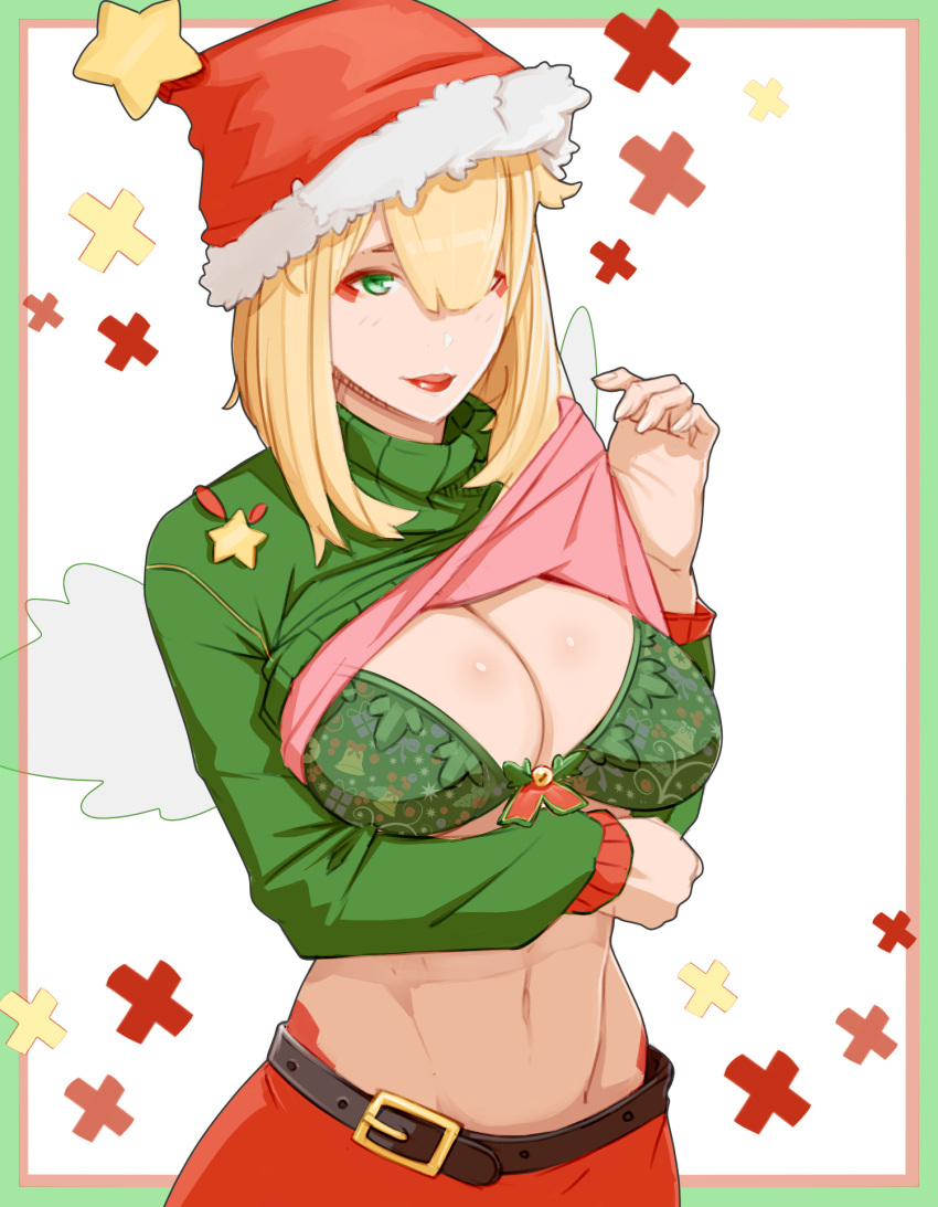 1girl belt blonde_hair border bow bow_bra bra breasts christmas cleavage clothes_lift commentary english_commentary eyeshadow fingernails fur_trim green_border green_bra green_eyes green_sweater hair_over_one_eye hat highres icti_(materclaws) lamia large_breasts lipstick long_sleeves looking_at_viewer makeup materclaws medium_hair monster_girl original parted_lips red_lipstick santa_hat smile solo star sweater sweater_lift underwear upper_body