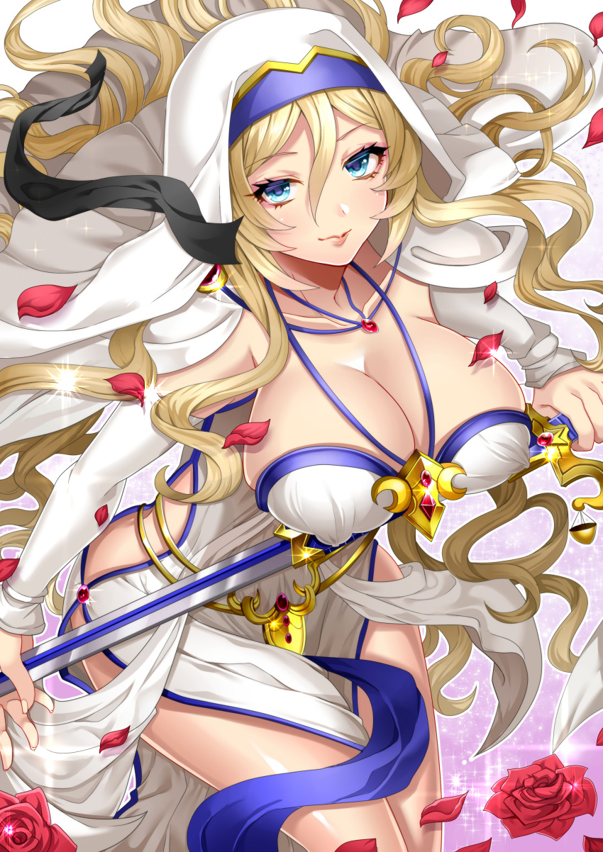 1girl absurdres bangs blindfold_removed blonde_hair blue_eyes breasts cleavage closed_mouth collarbone detached_sleeves dress erect_nipples eyebrows_visible_through_hair falling_petals flower goblin_slayer! hair_between_eyes headdress highres holding holding_sword holding_weapon jewelry large_breasts legs long_hair looking_at_viewer necklace side_slit smile solo sword sword_maiden thighs uzura_(moimoi) weapon white_dress