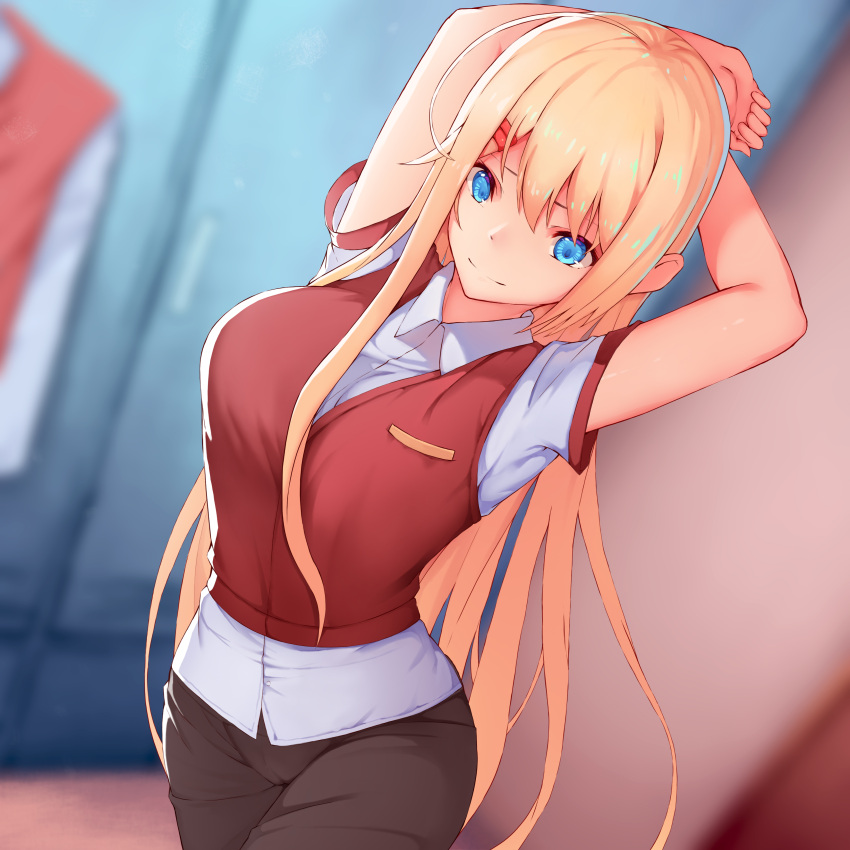 1girl absurdres ahoge arms_up black_pants blonde_hair blue_eyes blurry blurry_background breasts hair_ornament hairpin highres large_breasts locker long_hair original pants rafael-m red_vest shirt short_sleeves smile solo standing uniform very_long_hair vest white_shirt