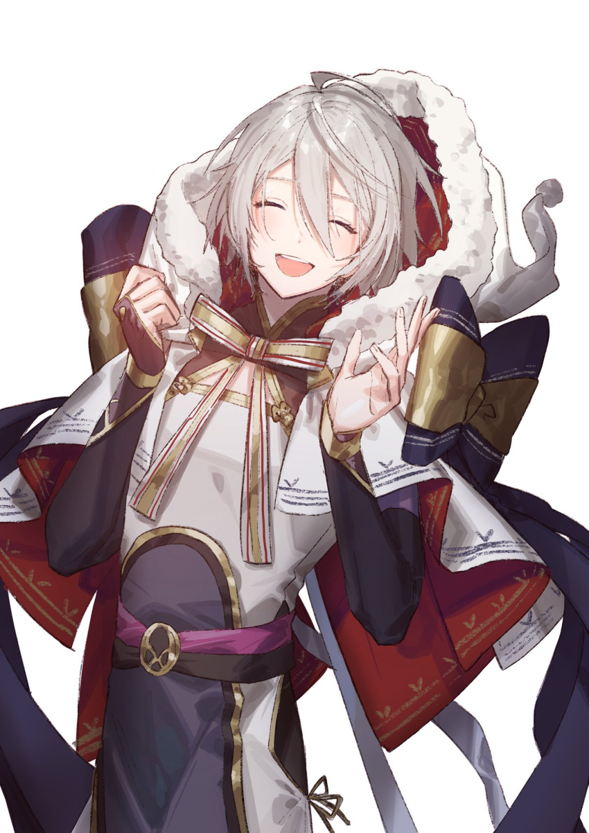 1boy ahoge azarashi_ball bow bridal_gauntlets closed_eyes fate/grand_order fate_(series) gao_changgong_(fate) highres hood male_focus open_mouth santa_costume smile white_background