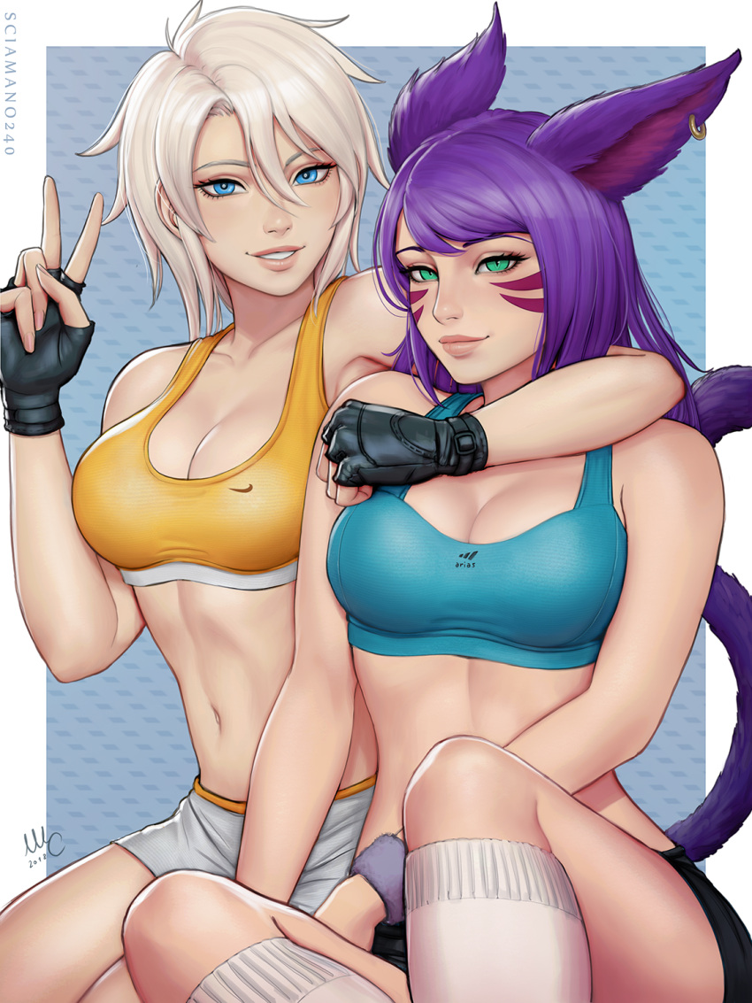 2girls animal_ears artist_name bangs black_gloves black_shorts blue_eyes breasts bright_pupils cleavage commentary dated earrings english_commentary fingerless_gloves fingernails gloves green_eyes grey_hair hair_between_eyes hand_up highres jewelry large_breasts long_hair looking_at_viewer multiple_girls navel nike original pink_lips purple_hair sciamano240 short_hair short_shorts shorts signature sitting smile socks sports_bra tail toned v whisker_markings white_legwear white_shorts