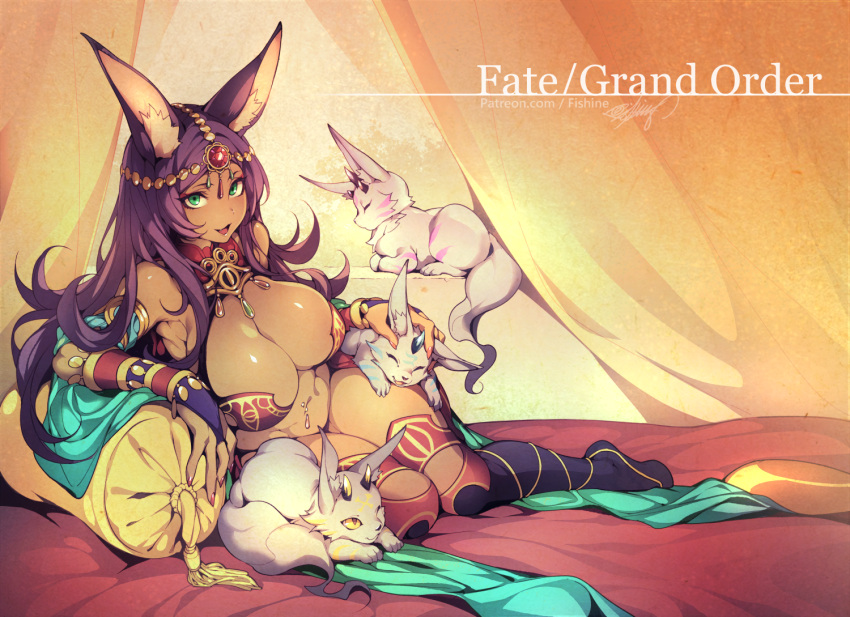 1girl :3 animal animal_ears armpits bare_shoulders breasts bridal_gauntlets cleavage curtains cushion dark_skin fang fate_(series) fingernails fishine fur green_eyes halterneck indoors large_breasts looking_at_viewer lying nail_polish navel_piercing on_side piercing purple_hair queen_of_sheba_(fate/grand_order) tail