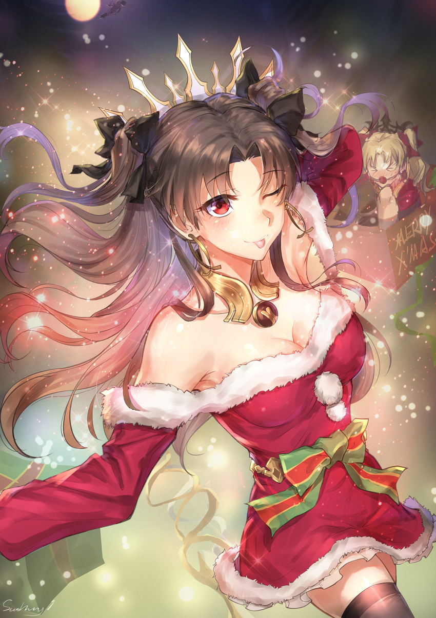 &gt;_&lt; 2girls :p backlighting ball_gag black_hair black_ribbon blonde_hair box breasts christmas cleavage closed_eyes collar commentary_request detached_collar dress earrings ereshkigal_(fate/grand_order) fate/grand_order fate_(series) fur-trimmed_dress gag gift gift_box hair_ribbon highres hoop_earrings ishtar_(fate/grand_order) jewelry kaer_sasi_dianxia long_hair medium_breasts metal_collar moon multiple_girls one_eye_closed red_dress red_eyes red_ribbon ribbon santa_dress short_dress siblings sisters strapless strapless_dress tiara tongue tongue_out two_side_up