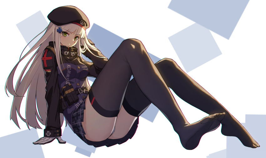1girl ass bangs beret black_gloves black_hat blunt_bangs breasts commentary_request eyebrows_visible_through_hair facial_tattoo flag_print full_body german_flag girls_frontline gloves green_eyes hair_ornament hat highres hk416_(girls_frontline) hongchajun jacket light_rays long_hair looking_at_viewer medium_breasts miniskirt multicolored multicolored_clothes multicolored_gloves no_shoes panties plaid plaid_skirt pleated_skirt simple_background sitting skirt square tattoo teardrop thigh-highs underwear white_gloves white_hair