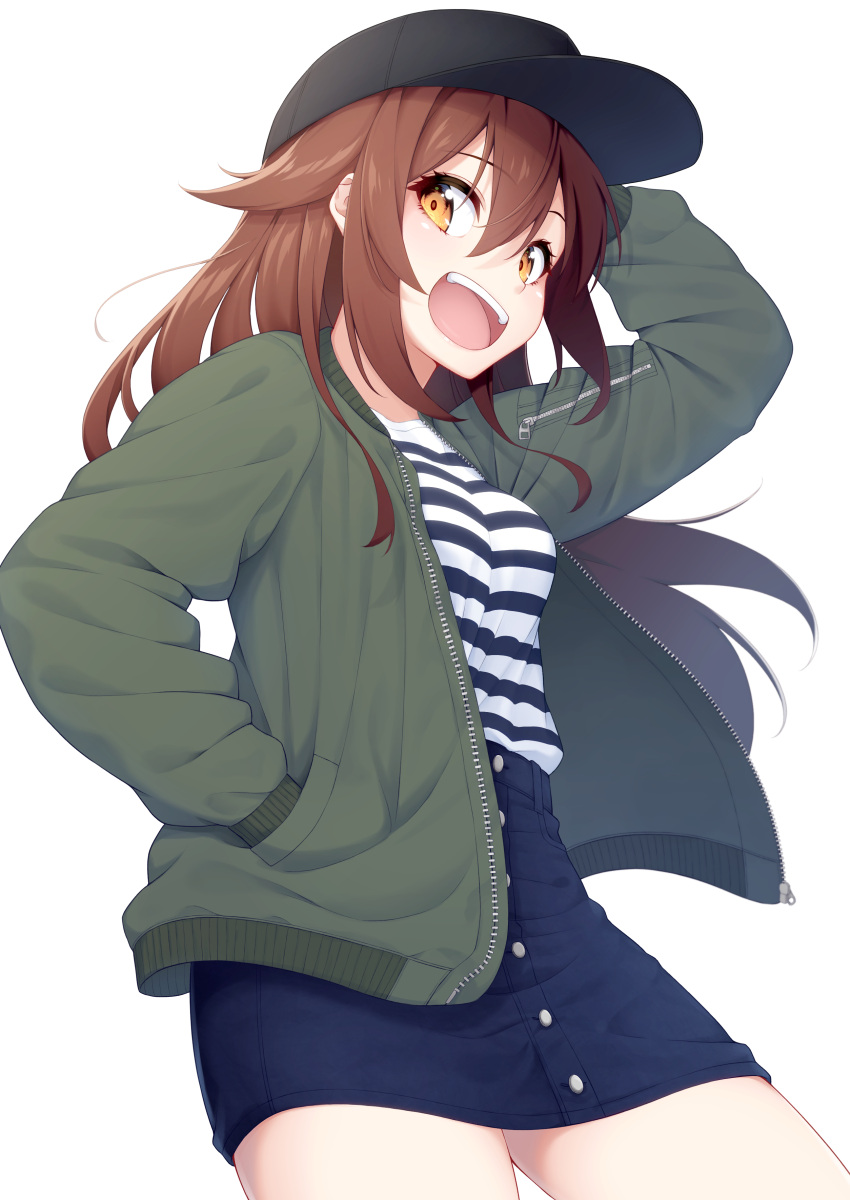 1girl :d absurdres ahoge bangs baseball_cap black_hair blue_skirt blush breasts brown_eyes brown_hair casual commentary green_jacket hair_between_eyes hair_flaps hand_in_pocket hand_on_headwear hat highres horizontal_stripes jacket kantai_collection long_hair medium_breasts ochiai_miyabi open_clothes open_jacket open_mouth remodel_(kantai_collection) shiratsuyu_(kantai_collection) shirt sidelocks simple_background skirt smile solo striped striped_shirt tareme unzipped upper_teeth white_background