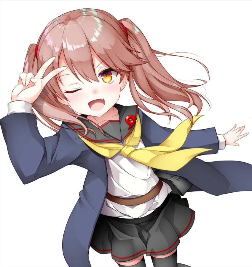 1girl ;d arm_up armband bangs black_legwear black_sailor_collar black_skirt blue_jacket brown_eyes brown_hair commentary_request cosplay dutch_angle eyebrows_visible_through_hair fang hair_between_eyes hair_tie highres jacket kantai_collection kirigakure_(kirigakure_tantei_jimusho) long_hair long_sleeves looking_at_viewer magatama neckerchief one_eye_closed open_clothes open_jacket open_mouth pleated_skirt remodel_(kantai_collection) ryuujou_(kantai_collection) sailor_collar satsuki_(kantai_collection) satsuki_(kantai_collection)_(cosplay) school_uniform serafuku shirt simple_background skirt smile solo thigh-highs translation_request twintails v very_long_hair white_background white_shirt yellow_neckwear