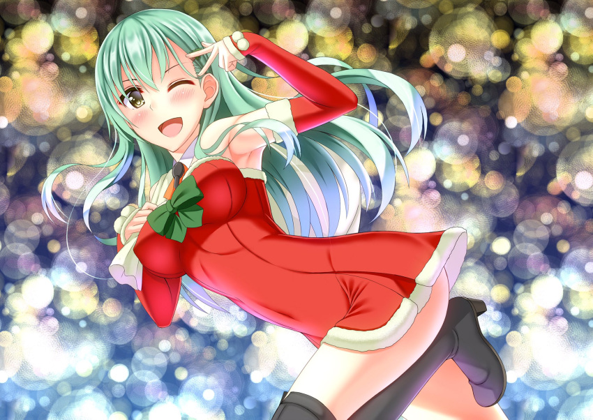 1girl aqua_hair black_footwear boots bow covered_navel dress elbow_gloves fur-trimmed_dress fur-trimmed_gloves fur_trim gloves green_bow hair_ornament hairclip highres kantai_collection leg_up long_hair looking_at_viewer open_mouth red_dress red_gloves shirouzu_myuuta smile solo sparkle_background suzuya_(kantai_collection) thigh-highs thigh_boots v_over_eye yellow_eyes