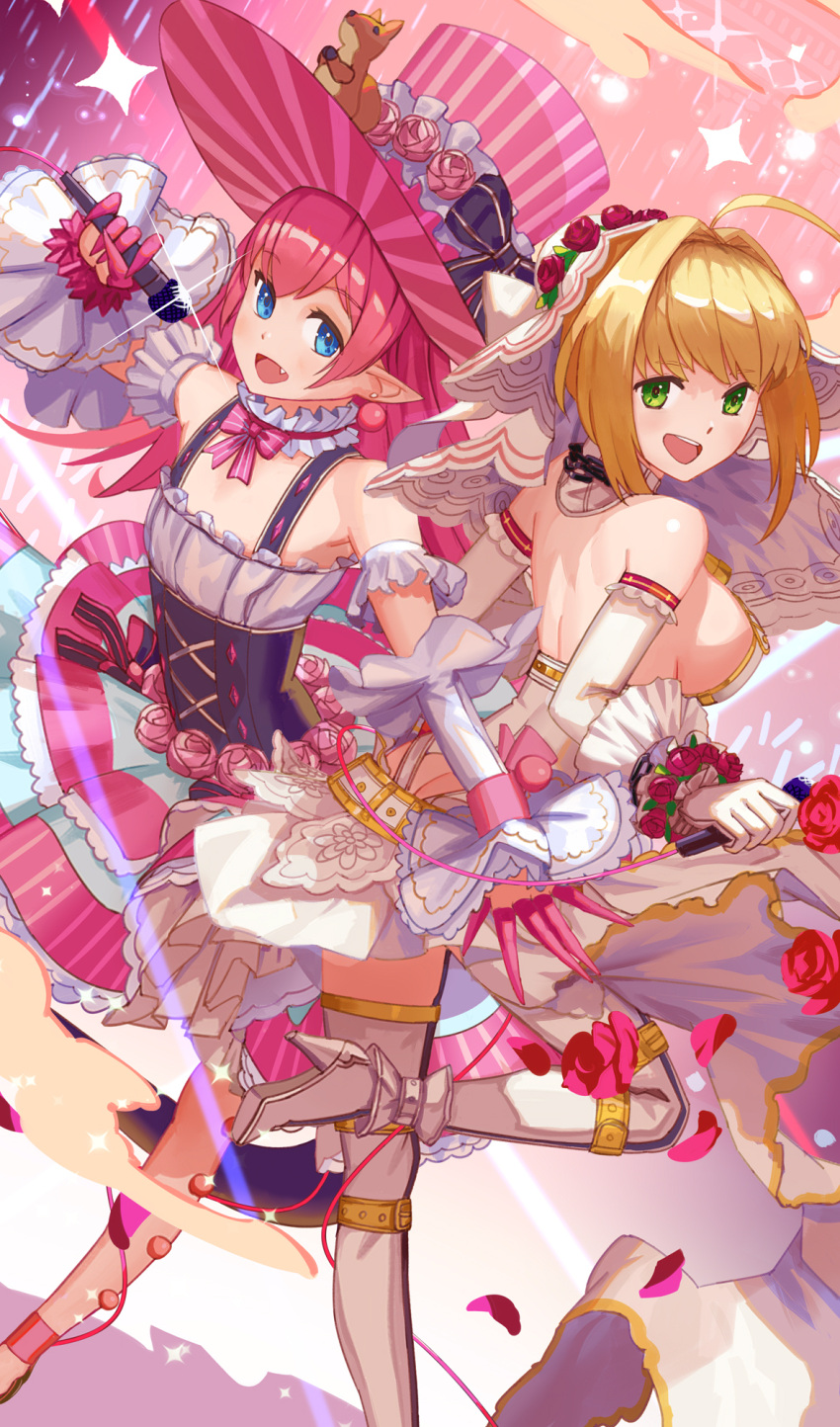 2girls :d ahoge bare_back bare_shoulders blonde_hair blue_eyes blush boots breasts detached_collar earrings elbow_gloves elizabeth_bathory_(fate) elizabeth_bathory_(fate)_(all) eyebrows_visible_through_hair fang fate/grand_order fate_(series) flat_chest flower from_behind glint gloves green_eyes hair_intakes hair_ornament hat high_heel_boots high_heels highres holding holding_microphone jewelry large_breasts long_hair looking_at_viewer looking_back microphone multiple_girls nero_claudius_(bride)_(fate) nero_claudius_(fate)_(all) open_mouth pink_flower pink_hair pink_hat pointy_ears short_hair sideboob smile squirrel star tea_sly thigh-highs thigh_boots top_hat white_footwear white_gloves