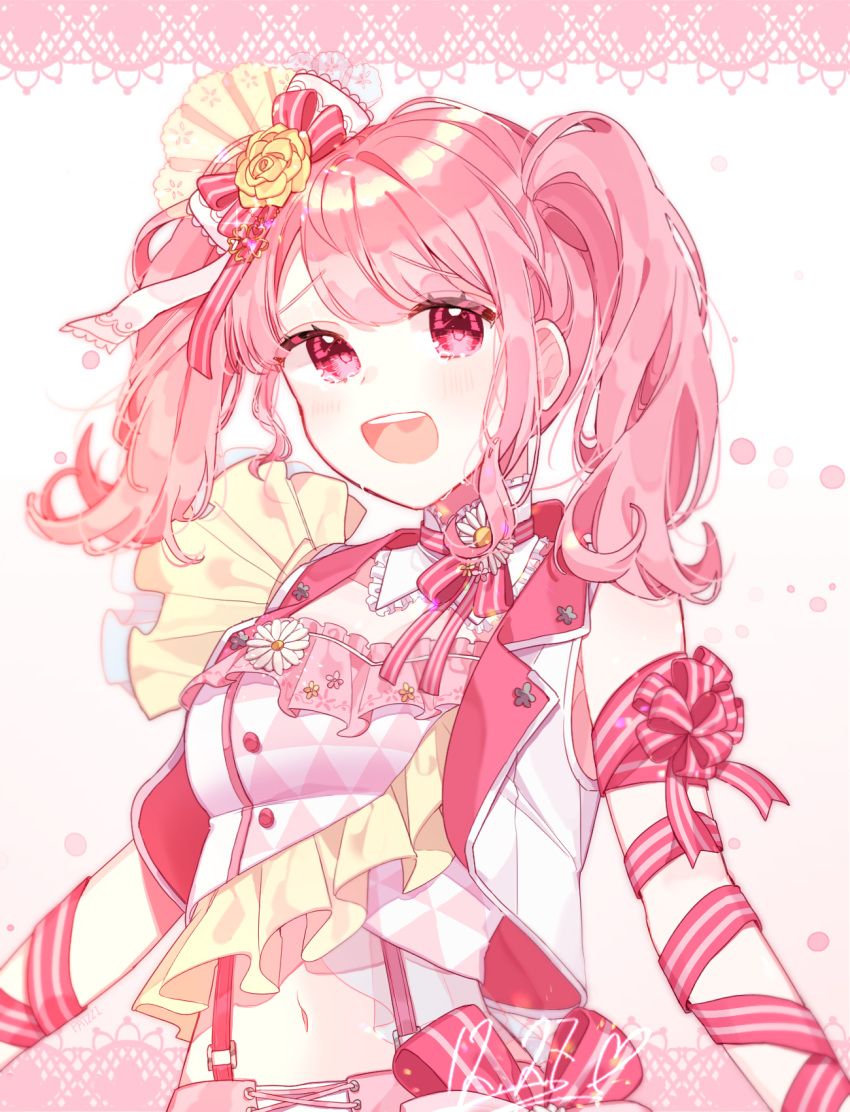 1girl :d arm_ribbon bang_dream! bangs blush bow commentary_request corsage daisy dated detached_collar flower frilled_shirt_collar frills hair_bow hair_flower hair_ornament highres looking_at_viewer maruyama_aya navel neck_ribbon open_mouth patzzi pink_eyes pink_hair red_neckwear red_ribbon ribbon shirt sidelocks sleeveless sleeveless_shirt smile solo striped striped_neckwear striped_ribbon suspenders twintails upper_body vest