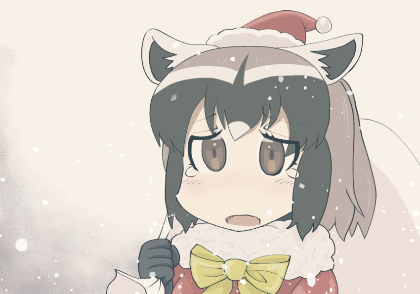 1girl a-king animal_ears black_hair blush bow brown_eyes commentary common_raccoon_(kemono_friends) grey_hair hat kemono_friends multicolored_hair sack sad santa_costume santa_hat snowing tearing_up