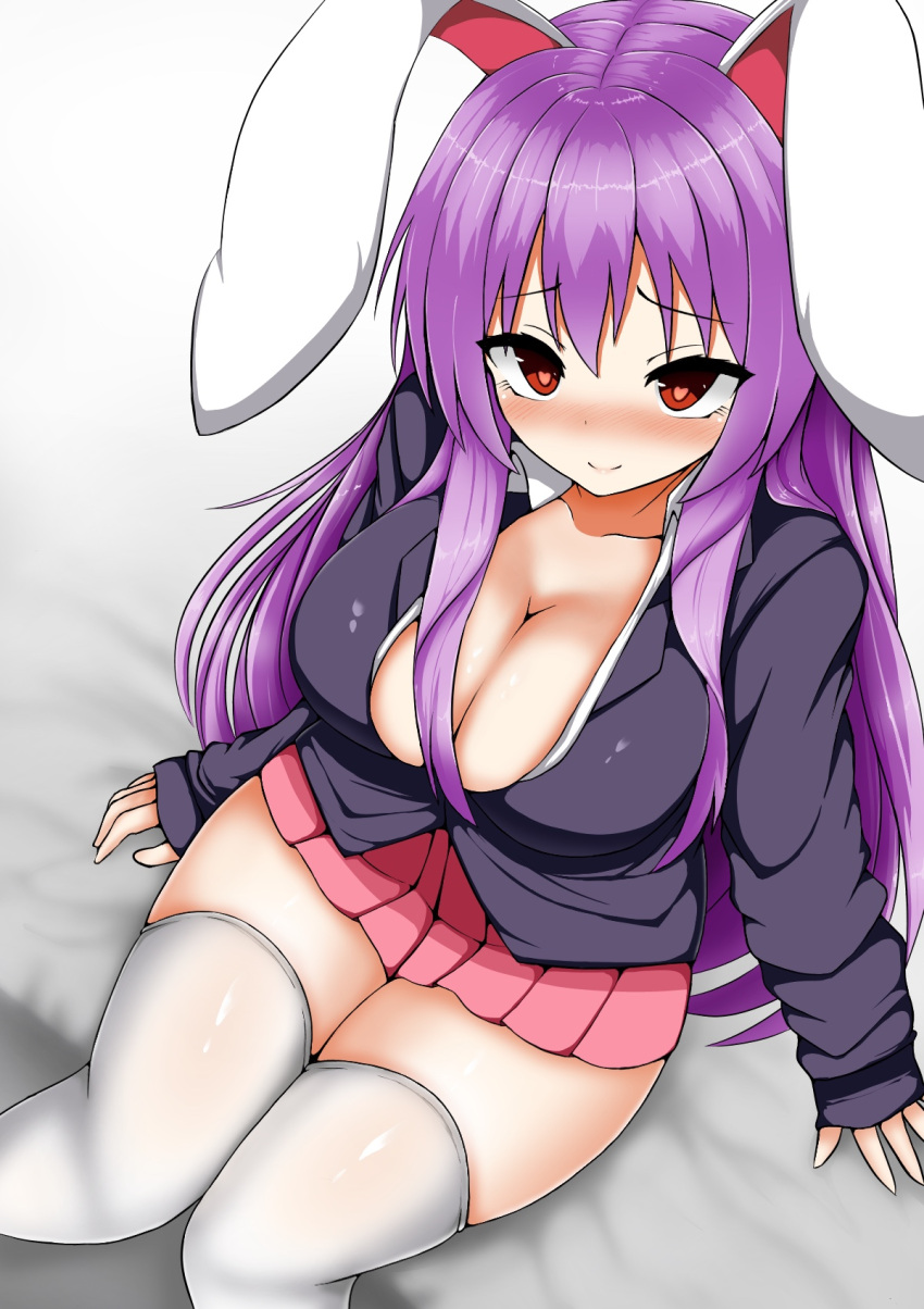 1girl animal_ears blazer blonde_hair breasts cleavage collarbone heart heart-shaped_pupils highres isshin_(sasayamakids) jacket large_breasts lavender_hair long_hair long_sleeves looking_at_viewer looking_up miniskirt pink_skirt pleated_skirt purple_hair rabbit_ears red_eyes red_neckwear reisen_udongein_inaba shirt sitting skirt smile solo symbol-shaped_pupils thigh-highs touhou very_long_hair white_legwear