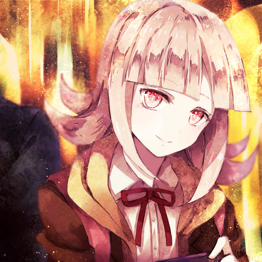 1girl backpack bag bangs black_jacket blurry blurry_background brown_jacket closed_mouth commentary_request dangan_ronpa dangan_ronpa_3 eyebrows_visible_through_hair flipped_hair game_console highres holding jacket looking_at_viewer multicolored multicolored_background nanami_chiaki out_of_frame pink_bag pink_eyes pink_hair red_ribbon ribbon school_uniform shirt short_hair simple_background smile solo solo_focus white_shirt yuizayomiya