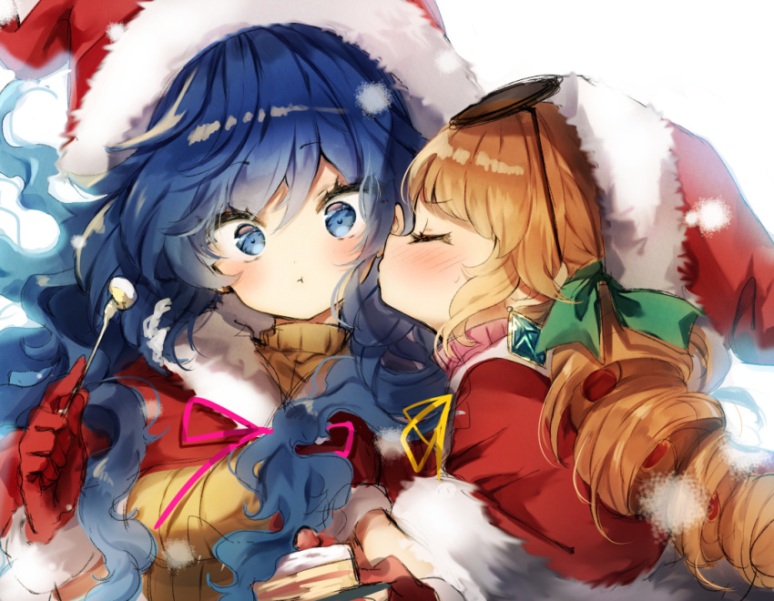 2girls :t bangs blue_eyes blue_hair blush breasts cake capelet closed_eyes commentary_request drill_hair eyebrows_visible_through_hair eyewear_on_head food fork from_side fur_trim gloves green_ribbon hair_between_eyes hair_ribbon hand_up hat head_tilt holding holding_fork holding_plate imminent_kiss incest looking_at_viewer medium_breasts multiple_girls orange_hair pink_ribbon piyokichi plate profile red_capelet red_gloves ribbed_sweater ribbon santa_hat simple_background sunglasses sweater touhou turtleneck upper_body white_background yellow_ribbon yellow_sweater yorigami_jo'on yorigami_shion yuri