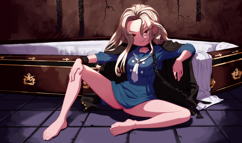 1girl arm_rest bare_legs barefoot blonde_hair chain chained chains coffin fang hand_rest jacket_on_shoulders leg_up long_hair mabera original red_eyes sailor_collar school_uniform sitting solo