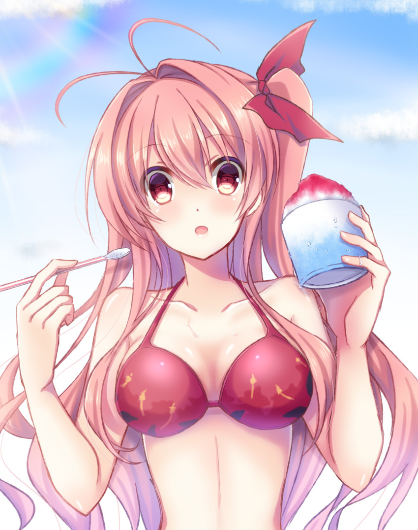 1girl absurdres antenna_hair bow breasts chaos;head cleavage collarbone cup eyebrows_visible_through_hair floating_hair hair_between_eyes hair_bow highres holding holding_cup long_hair looking_at_viewer medium_breasts nishijou_myu pink_hair red_bikini_top red_bow red_eyes sakihata_rimi shaved_ice shiny shiny_hair solo sunlight upper_body very_long_hair
