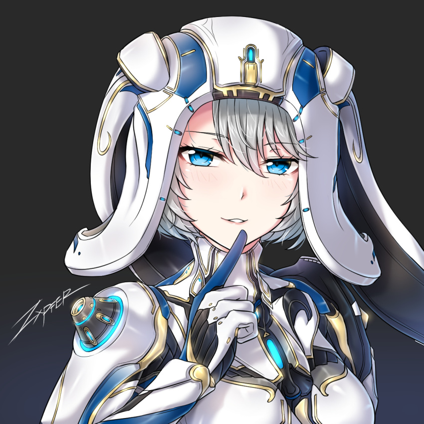 1girl alternate_costume blue_eyes bodysuit commentary eyebrows_visible_through_hair finger_to_mouth hair_between_eyes hand_up highres humanization ivara_(warframe) looking_at_viewer parted_lips short_hair shushing signature simple_background smile solo warframe white_hair zxpfer