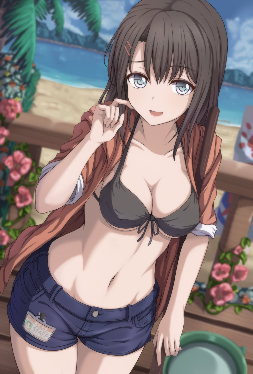 1girl :d bang_dream! bangs beach black_bikini_top black_hair blue_eyes blue_shorts blue_sky blurry blurry_background breasts broom brown_jacket bucket cleavage clouds cloudy_sky collarbone commentary_request cowboy_shot day depth_of_field dutch_angle eyebrows_visible_through_hair fence flower front-tie_bikini front-tie_top groin hair_ornament hairclip halterneck hand_up highres holding holding_broom hood hood_down hooded_jacket jacket long_hair looking_at_viewer medium_breasts morning_glory name_tag narafume navel ocean okusawa_misaki open_clothes open_jacket open_mouth outdoors palm_tree pink_flower short_shorts short_sleeves shorts sky smile solo standing stomach tree water