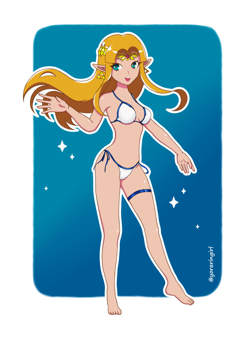 1girl absurdres barefoot bikini blonde_hair feet full_body highres nintendo pinup princess_zelda rin-girl self_upload super_smash_bros. super_smash_bros._ultimate swimsuit the_legend_of_zelda the_legend_of_zelda:_a_link_between_worlds