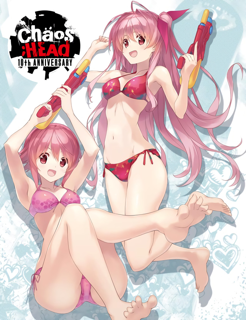 antenna_hair armpits bikini breasts chaos;child chaos;head collarbone feet groin hair_ribbon highres long_hair medium_breasts multiple_girls one_side_up onoe_serika pink_eyes pink_hair red_eyes resized ribbon sakihata_rimi sasaki_mutsumi short_hair_with_long_locks sidelocks smile swimsuit upscaled waifu2x water_gun