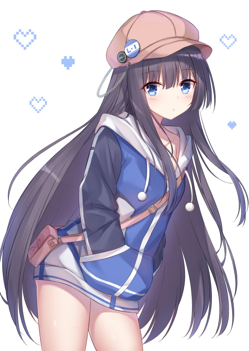 1girl azur_lane badge bag bangs blue_eyes blush brown_hair brown_hat button_badge cabbie_hat chains closed_mouth commentary_request eyebrows_visible_through_hair hair_between_eyes hands_in_pocket hat head_tilt heart heart_background highres leaning_forward long_hair long_island_(azur_lane) shoulder_bag simple_background solo standing takeg05 very_long_hair white_background