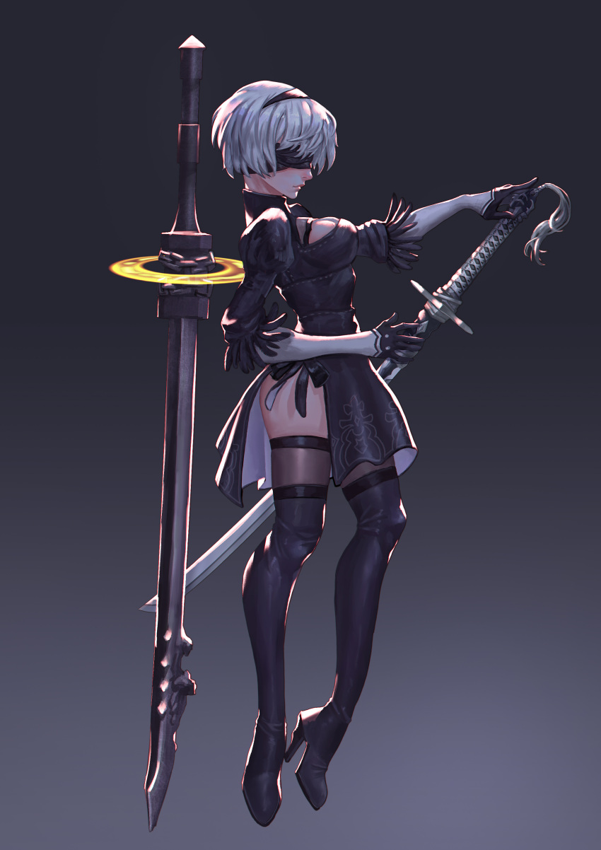 1girl absurdres android bad_anatomy black_blindfold black_dress black_hairband black_legwear blindfold boots breasts cleavage_cutout dress feather-trimmed_sleeves gloves gradient gradient_background grey_background hairband high_heel_boots high_heels highres juliet_sleeves katana long_sleeves medium_breasts nier_(series) nier_automata profile puffy_sleeves short_hair silver_hair snow7a solo sword tassel thigh-highs thigh_boots thighhighs_under_boots weapon white_hair yorha_no._2_type_b