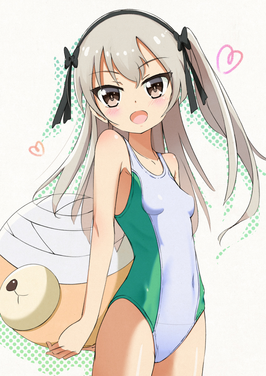 1girl absurdres arms_behind_back bangs black_ribbon boko_(girls_und_panzer) breasts brown_eyes commentary competition_swimsuit cowboy_shot eyebrows_visible_through_hair girls_und_panzer green_swimsuit hair_ribbon heart highres holding holding_stuffed_animal light_blush light_brown_hair long_hair looking_at_viewer one-piece_swimsuit open_mouth retumihari ribbon shimada_arisu side_ponytail small_breasts smile solo standing stuffed_animal stuffed_toy swimsuit teddy_bear traditional_media