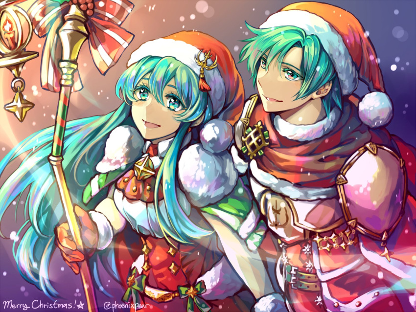 1boy 1girl aqua_eyes aqua_hair armor belt bow brother_and_sister candle dress eirika ephraim fire_emblem fire_emblem:_seima_no_kouseki fire_emblem_heroes fur_trim gloves hat highres holding holding_staff jin_(phoenixpear) long_hair merry_christmas nintendo parted_lips pom_pom_(clothes) red_gloves red_hat santa_costume santa_hat short_hair siblings snowing staff twitter_username