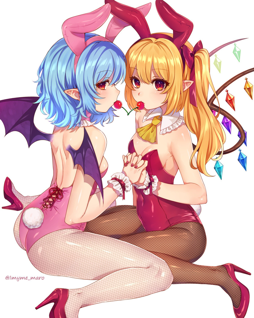 2girls absurdres animal_ears ascot ass bangs bare_arms bare_shoulders bat_wings black_legwear black_wings blonde_hair bow breasts bunny_tail bunnysuit cherry covered_navel crystal detached_collar eyebrows_visible_through_hair eyelashes fake_animal_ears fishnet_pantyhose fishnets flandre_scarlet food fruit hair_bow hand_holding high_heels highres interlocked_fingers leotard long_hair looking_at_viewer marota mouth_hold multiple_girls nail_polish one_side_up pantyhose pink_leotard pointy_ears profile rabbit_ears red_bow red_eyes red_footwear red_leotard red_nails remilia_scarlet shared_food shoes siblings simple_background sisters sitting small_breasts tail touhou twitter_username white_background wings yellow_neckwear
