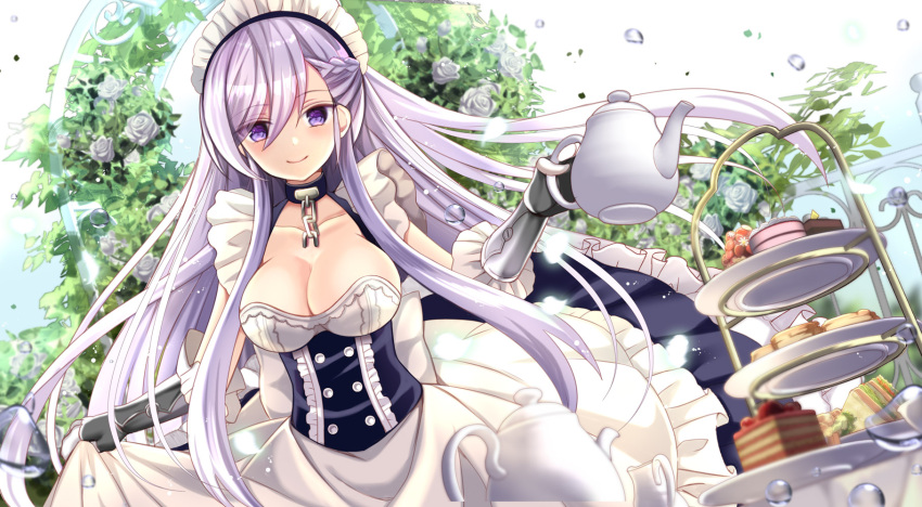 1girl azur_lane bangs belfast_(azur_lane) biscuit blurry blush braid breasts cake chains cleavage closed_mouth collar collarbone commentary_request depth_of_field dress dutch_angle eyebrows_visible_through_hair flower food french_braid frilled_dress frills gauntlets hand_up highres holding_teapot large_breasts leaning_forward long_hair looking_at_viewer maid maid_headdress nozomi_fuuten outdoors plate railing rose sandwich sidelocks skirt_hold smile solo teapot tiered_tray tree underbust very_long_hair violet_eyes white_dress white_flower white_hair white_rose